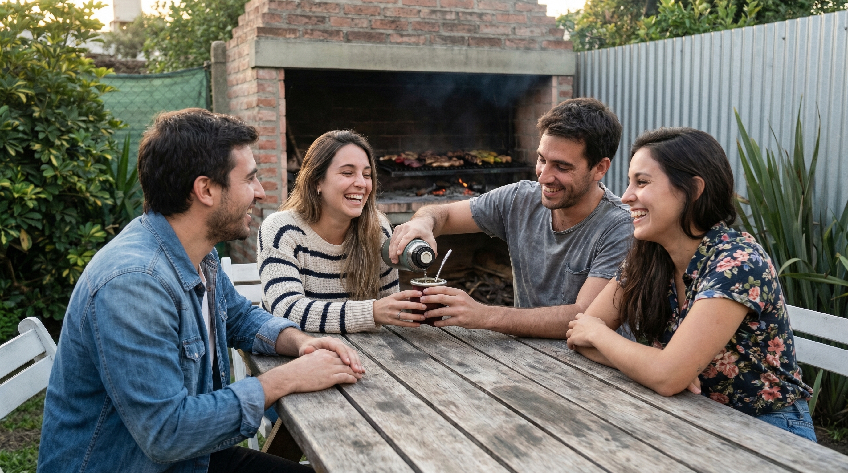 Amigos disfrutando un asado, sonriendo libremente