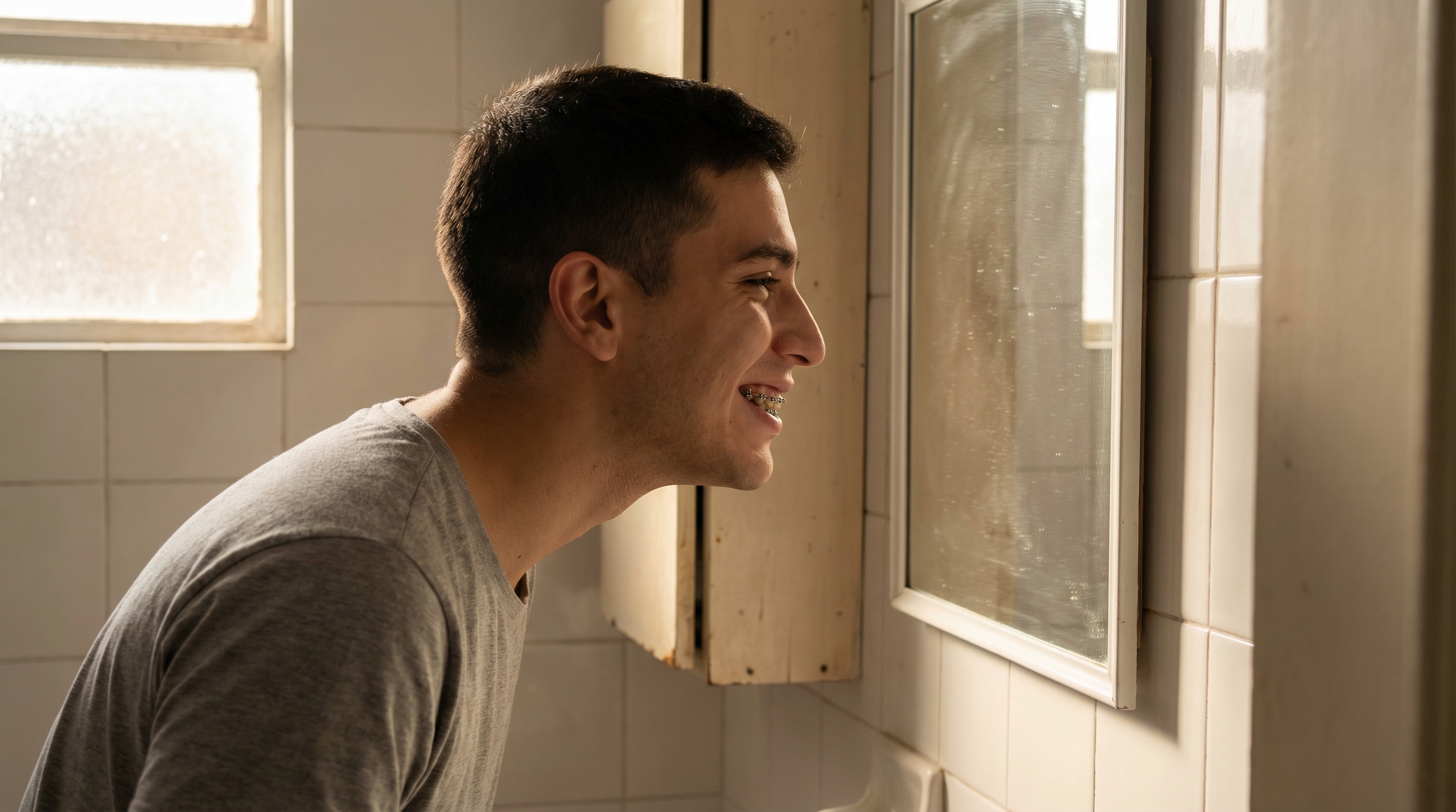 Joven mirándose al espejo notando el progreso de sus brackets