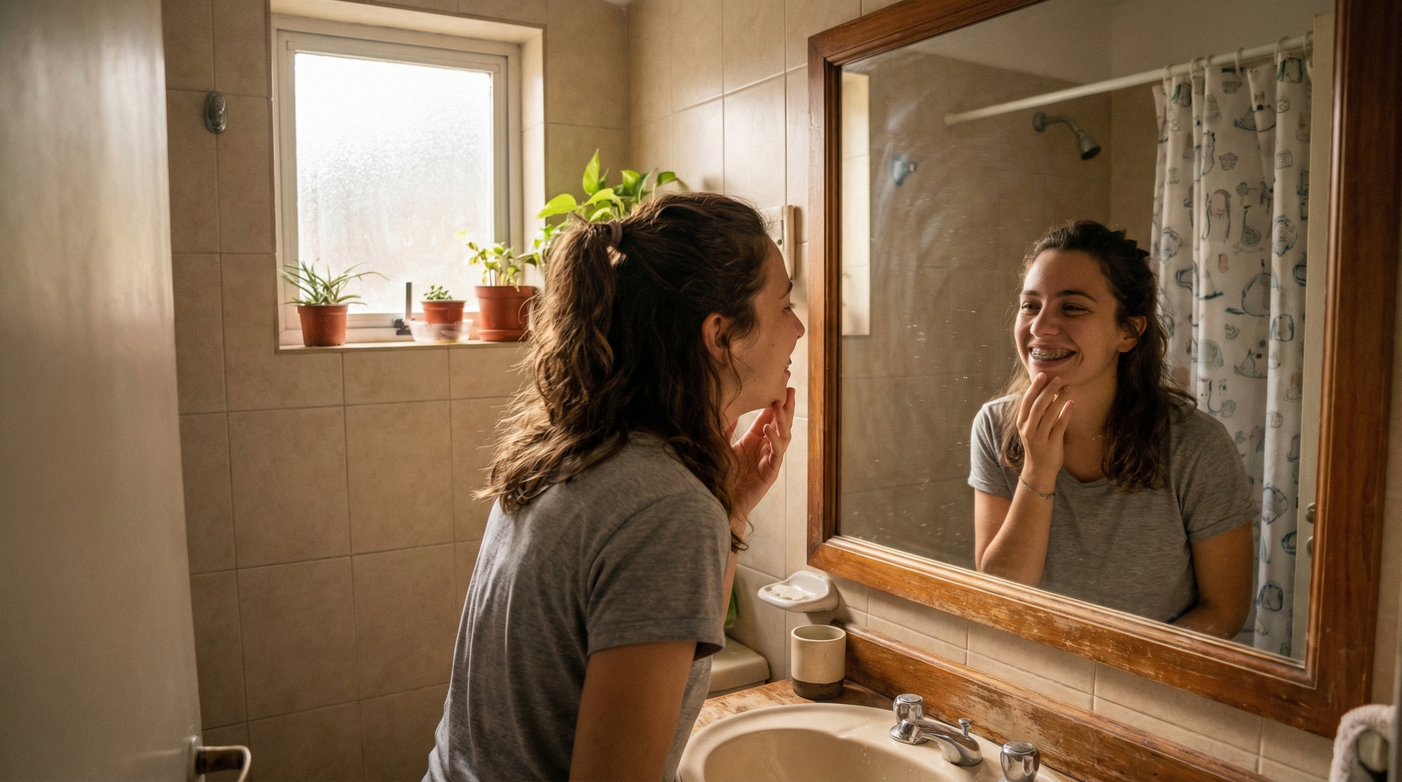 Joven mirándose al espejo y sonriendo con confianza