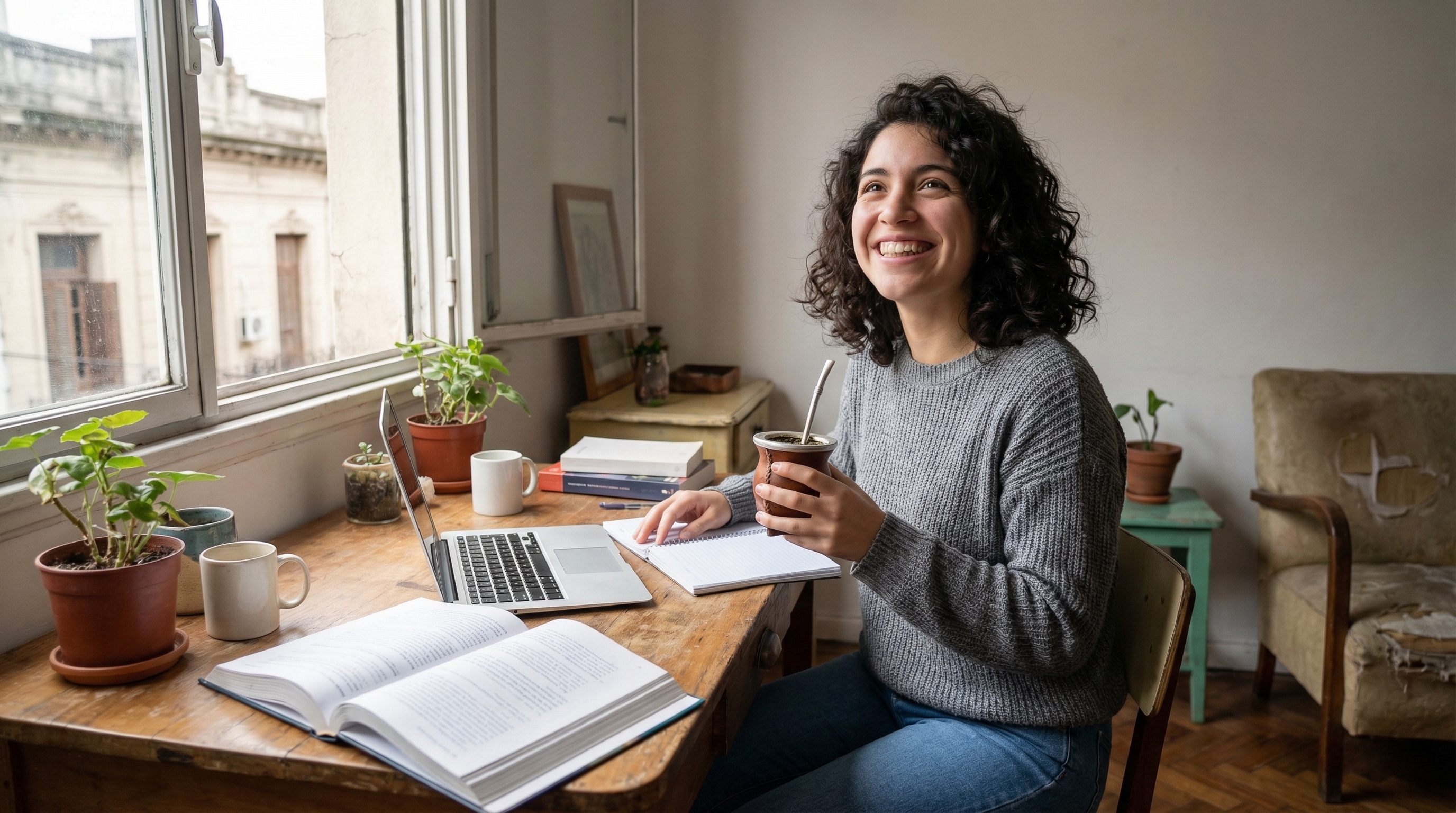 Joven estudiando con mate y sonrisa confiada