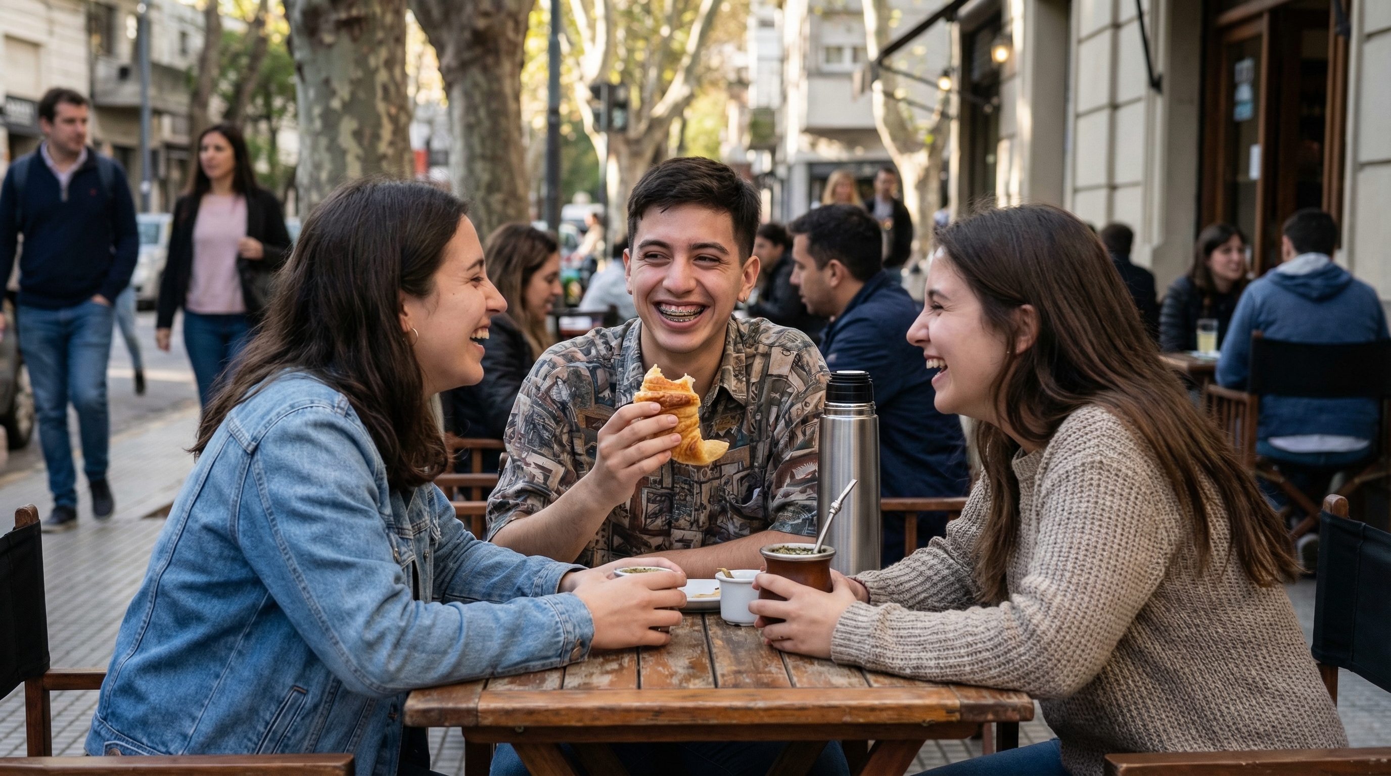 Amigos en un café de Buenos Aires, sonriendo naturalmente